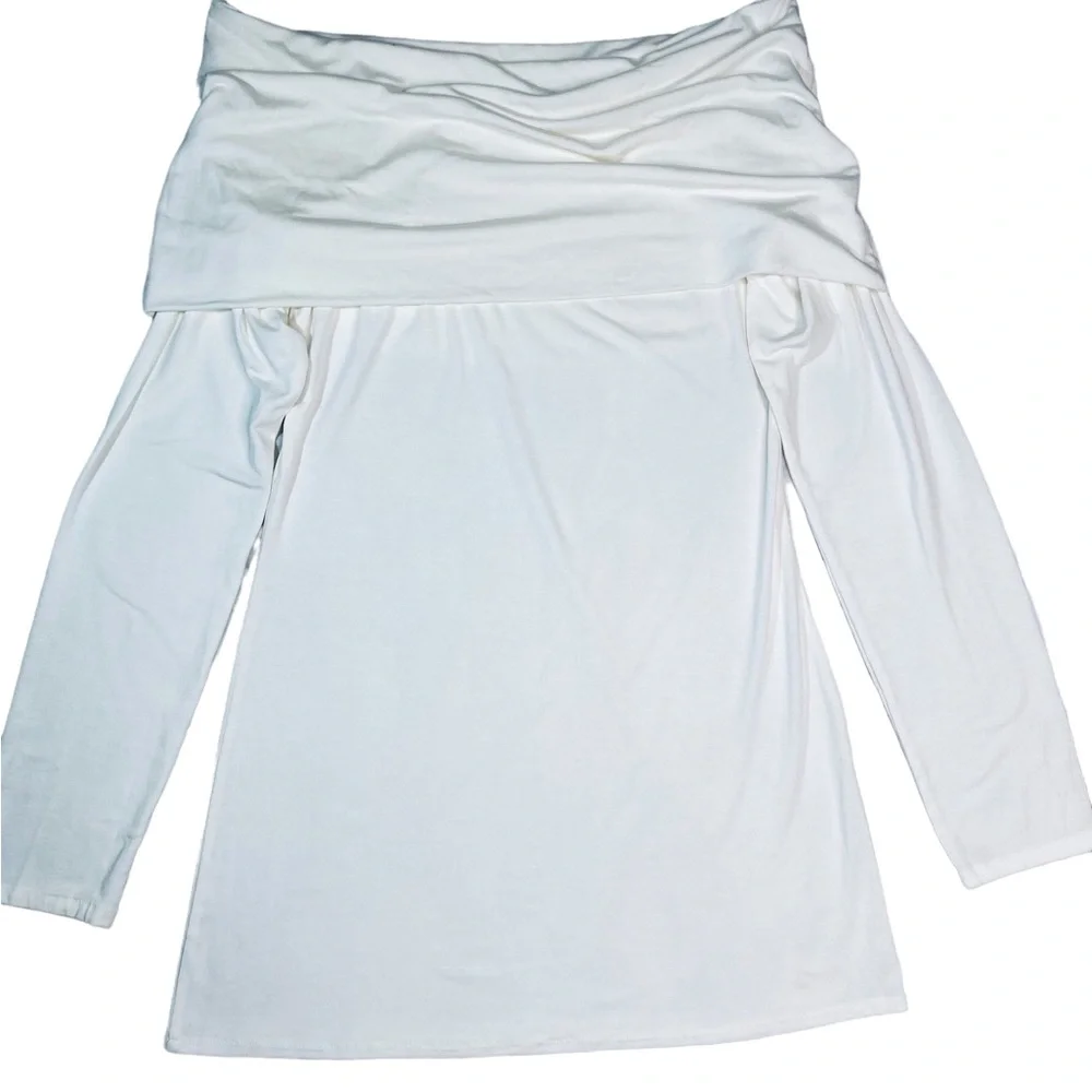 Julian Chang - Off-The-Shoulder Long Sleeve Tunic Top Size L in Winter White - Picture 6 of 15